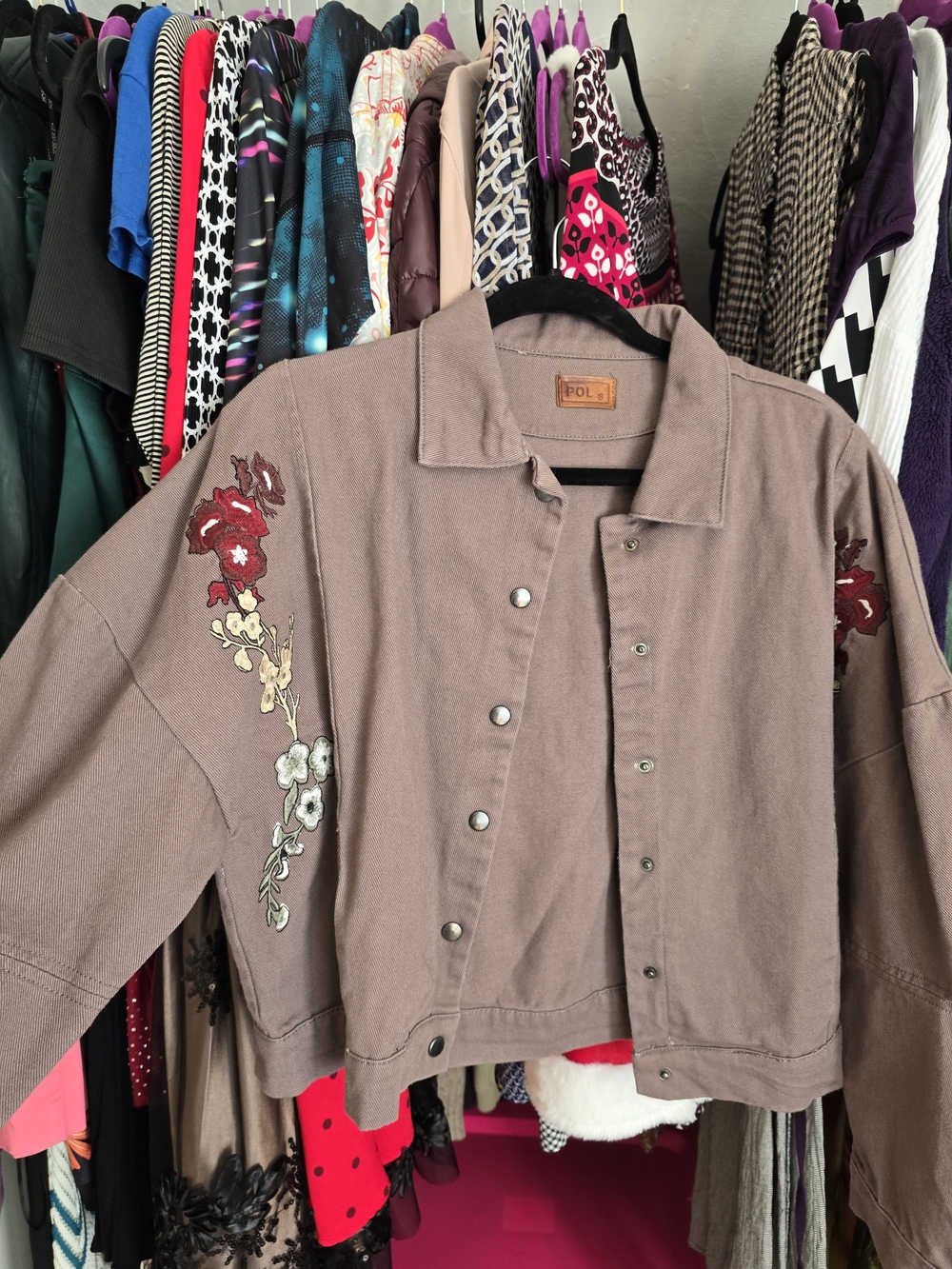 POL Floral Embroidered Cropped Jacket - Purple
